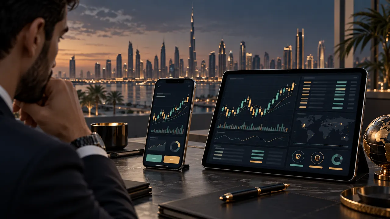 Smartphone and tablet trading interfaces against the Dubai skyline, illustrating how to compare trading apps in the UAE.