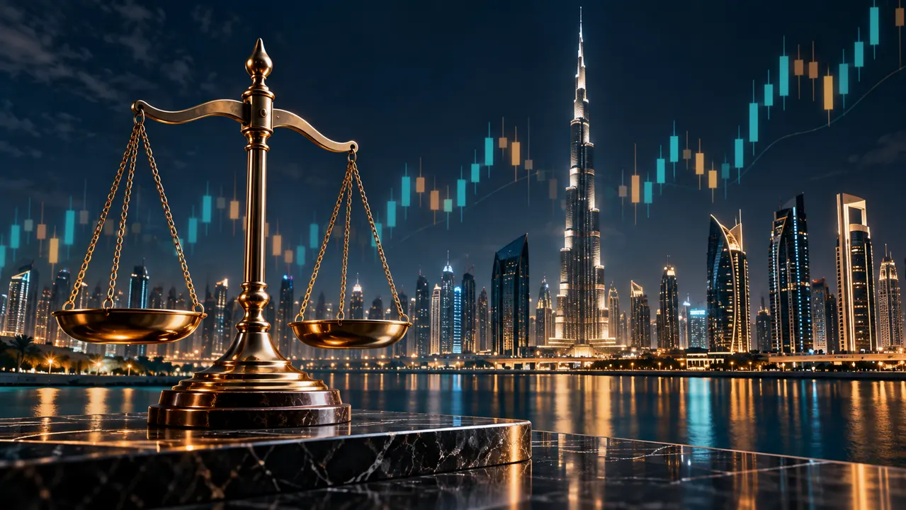 Scales of justice against the Dubai skyline with a forex chart, illustrating UAE forex trading regulation