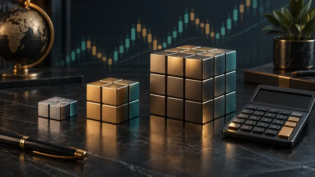Three groups of blocks increasing in size beside a calculator, illustrating micro, mini and standard forex lot sizes.