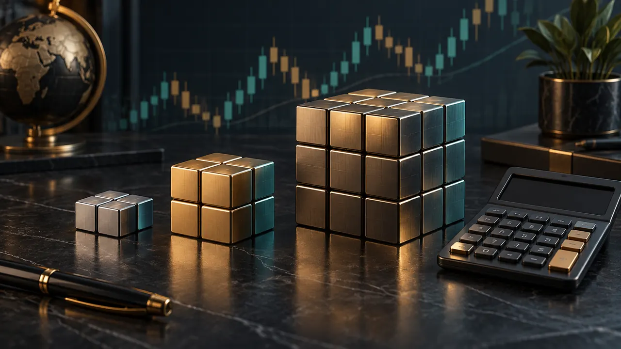 Three groups of blocks increasing in size beside a calculator, illustrating micro, mini and standard forex lot sizes.