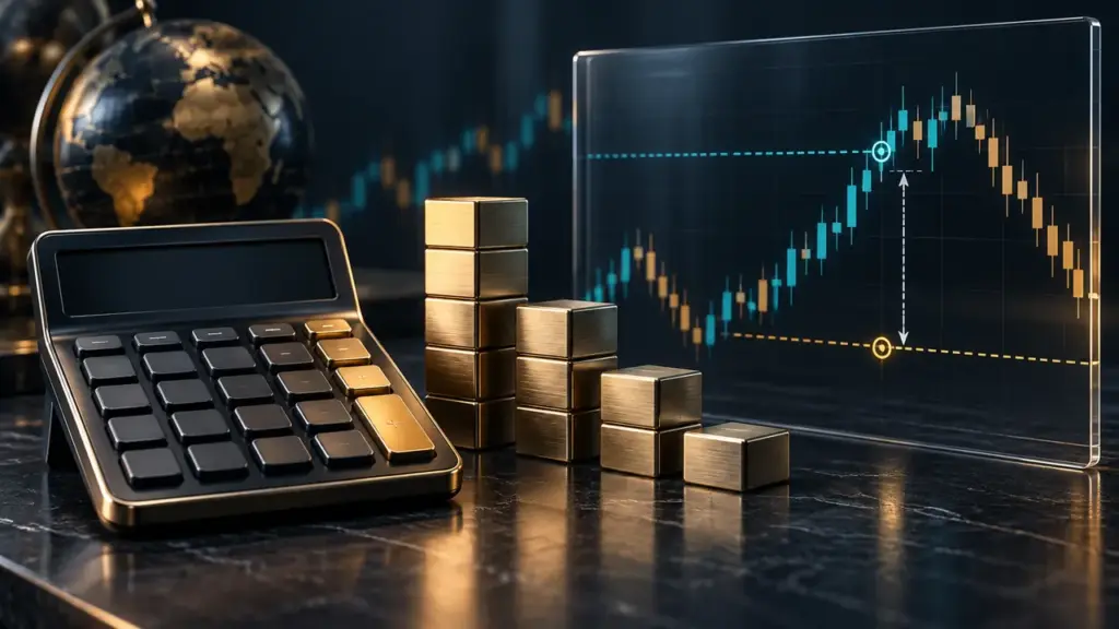Calculator, position-size blocks and a chart with entry and stop levels, illustrating forex position-size calculation.