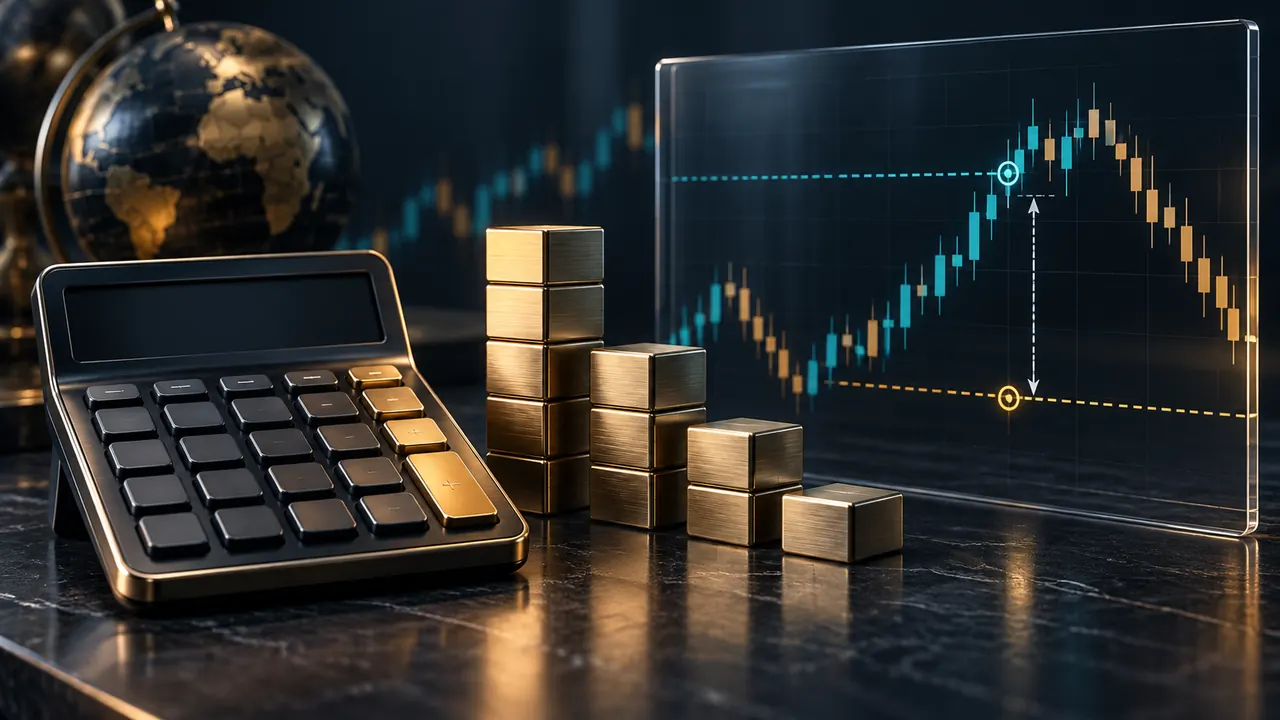 Calculator, position-size blocks and a chart with entry and stop levels, illustrating forex position-size calculation.