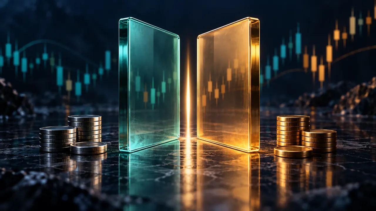 Two quote panels separated by a gap with metallic tokens, illustrating forex bid-ask spreads and commissions.