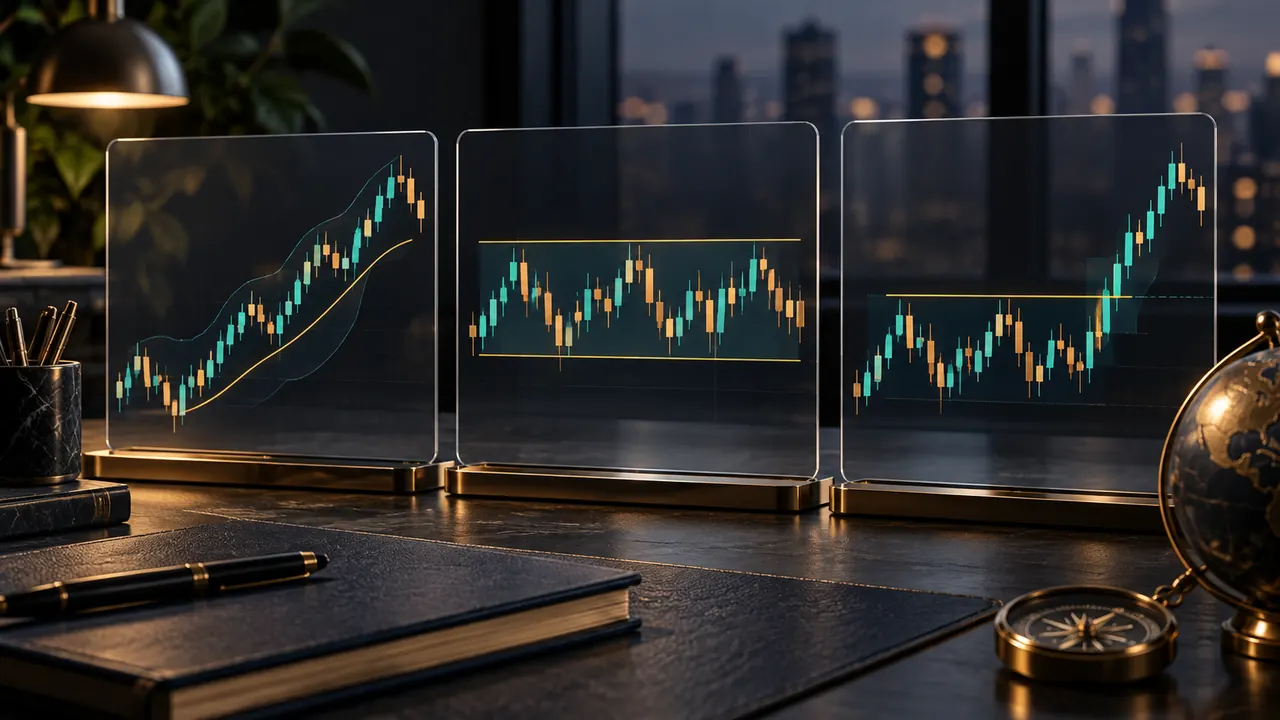 Three charts showing trend, range and breakout structures, illustrating forex strategy frameworks for beginners.