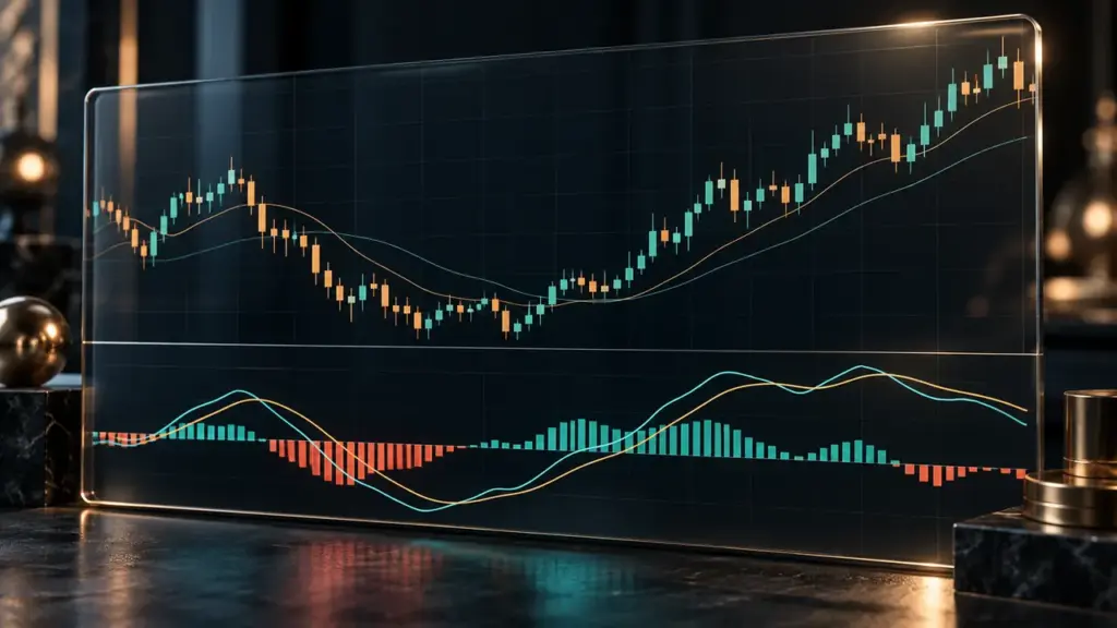 Price chart and MACD panel with crossing lines and histogram bars, illustrating momentum signals.