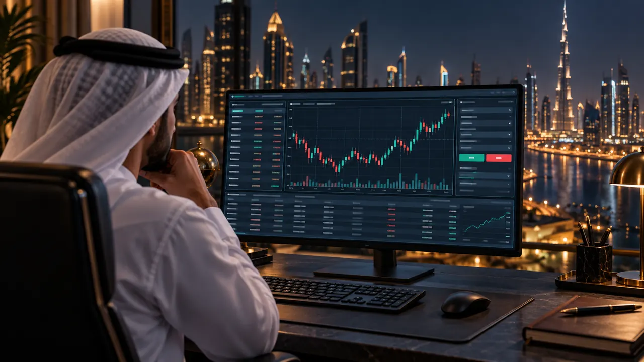 Desktop trading workspace with chart, market watch and order panels, illustrating a MetaTrader 5 tutorial for UAE traders.