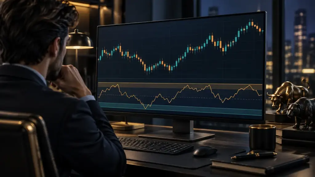 Price chart above an RSI momentum oscillator with upper and lower threshold zones.
