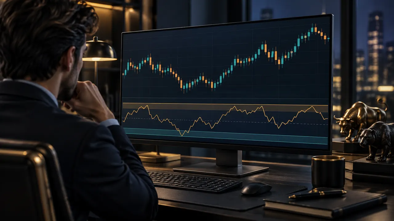 Price chart above an RSI momentum oscillator with upper and lower threshold zones.