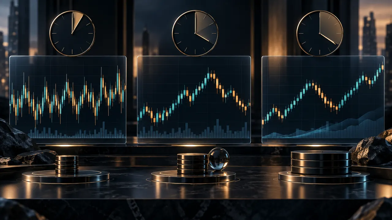 Three charts and clocks representing the different holding periods of scalping, day trading and swing trading.