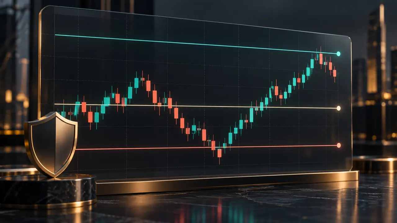 Candlestick chart with entry, stop-loss and target exit levels, illustrating trading exit orders and execution risk.