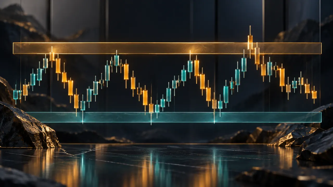 Candlestick chart reacting around shaded support and resistance zones, illustrating key price levels.